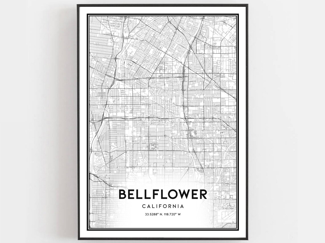 Bellflower California Minimalist City Street Map Line Art Poster