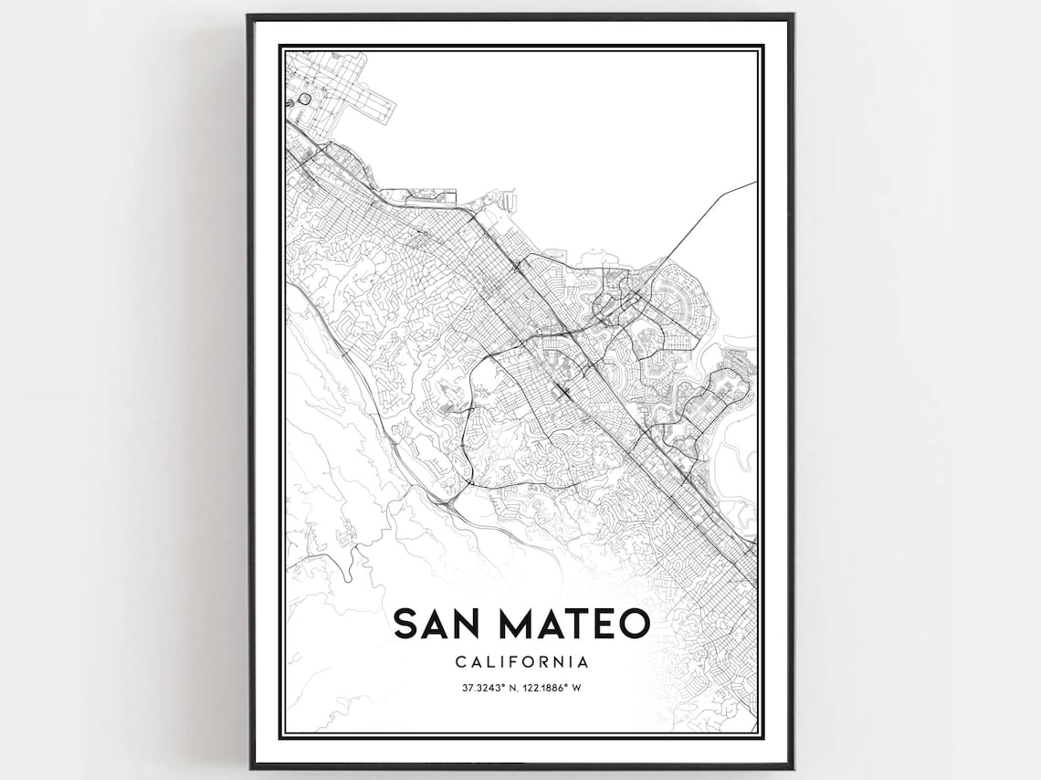San Mateo California Minimalist Street Map Poster Modern Bay Area Decor
