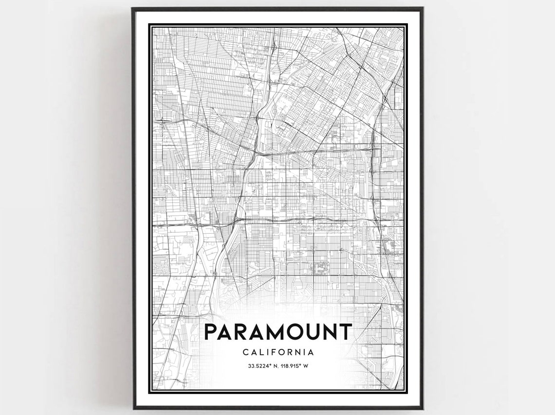 Paramount California Minimalist Black and White City Map Wall Art