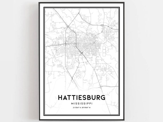 Hattiesburg Map Print Poster Wall Art Ms City Mississippi Street Decor Road Gift B990