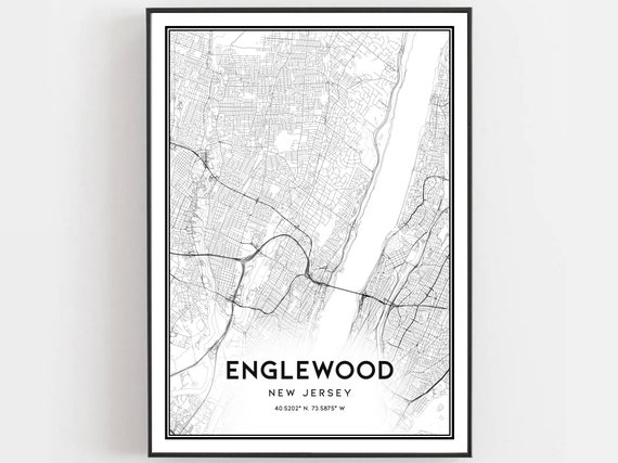 Englewood Map Print Poster Wall Art Nj City New Jersey Street Decor Road Gift B1971