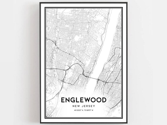 Englewood New Jersey Minimalist Black and White Street Map Art Poster
