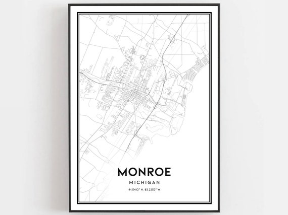 Monroe Map Print Poster Wall Art Mi City Michigan Street Decor Road Gift B1400
