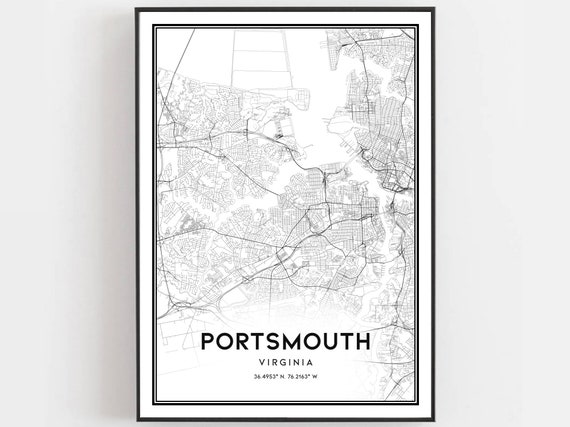Portsmouth Map Print Poster Wall Art Va City Virginia Street Decor Road Gift B896
