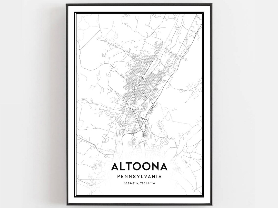 Altoona Pennsylvania Minimalist Street Map Poster Modern Black White Art