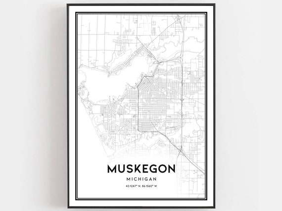 Muskegon Map Print Poster Wall Art Mi City Michigan Street Decor Road Gift B673