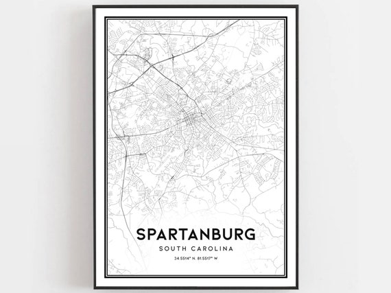 Spartanburg Map Print Poster Wall Art Sc City South Carolina Street Decor Road Gift B636