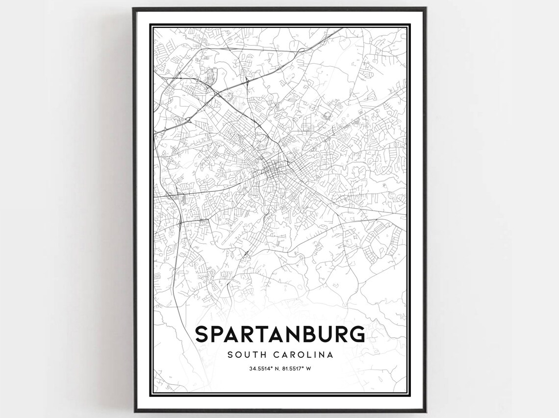 Spartanburg South Carolina Minimalist Street Map Monochrome Line Art Poster