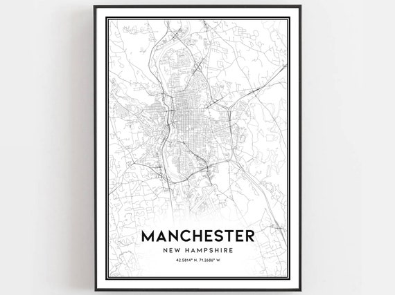 Manchester Map Print Poster Wall Art Nh City New Hampshire Street Decor Road Gift B676