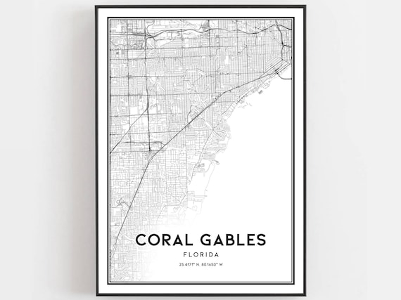 Coral Gables Florida City Street Map Minimalist Black White Poster