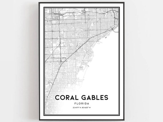 Coral Gables Map Print Poster Wall Art Fl City Florida Street Decor Road Gift B1382