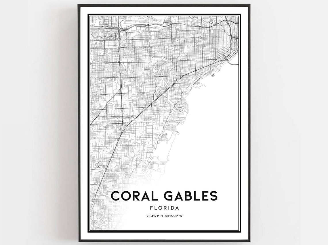Coral Gables Florida City Street Map Minimalist Black White Poster