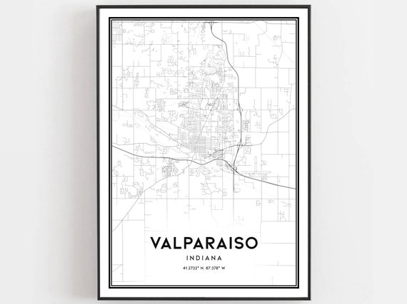 Valparaiso Map Print Poster Wall Art In City Indiana Street Decor Road Gift B1804