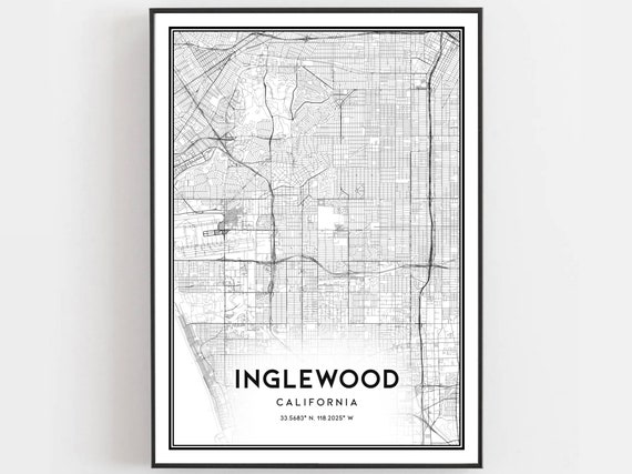 Inglewood Map Print Poster Wall Art Ca City Street Decor Road Gift B825