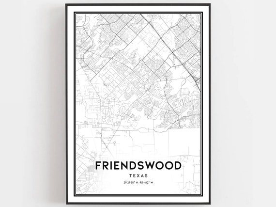 Friendswood Map Print Poster Wall Art Tx City Texas Street Decor Road Gift