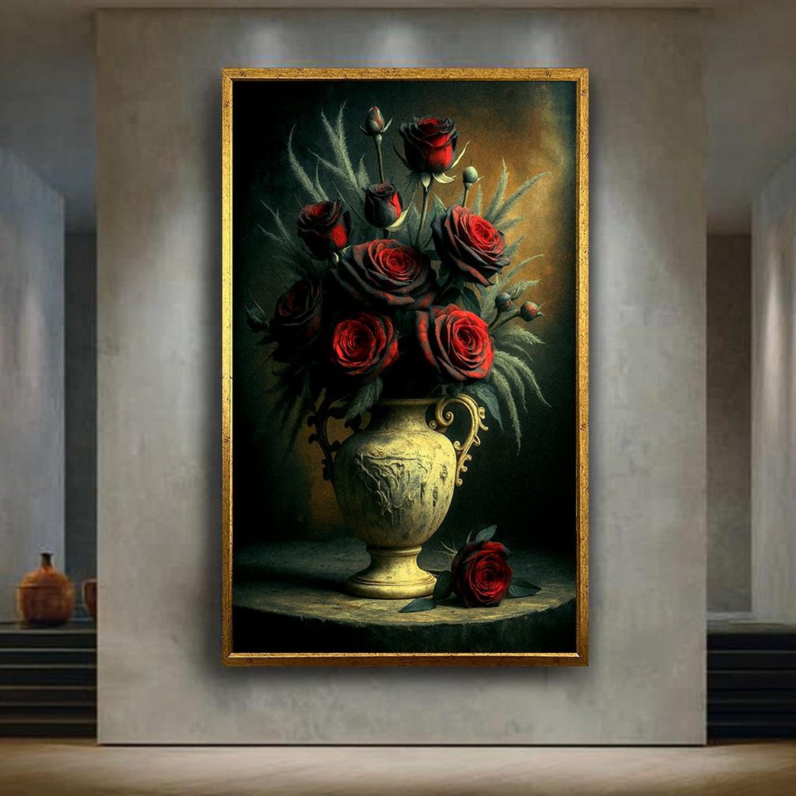 Dark Red Roses in Antique Urn Dramatic Chiaroscuro Still Life Poster