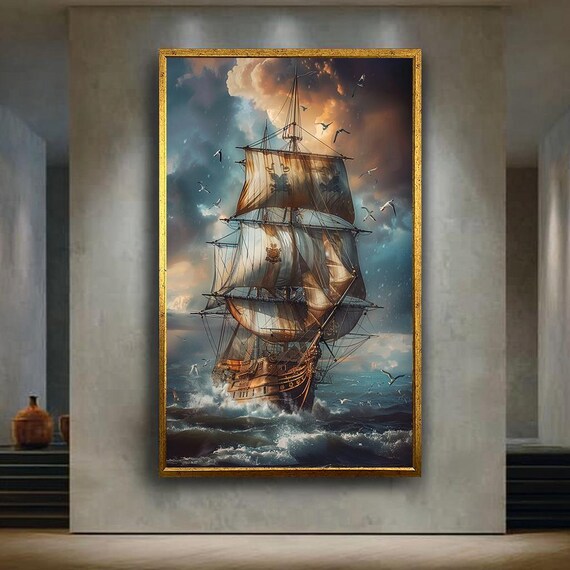 Pirate Galleon with Full Sails at Sunset Seagulls Ocean Adventure Poster