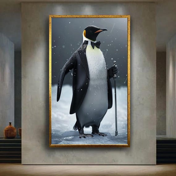 Gentleman Penguin Canvas Wall Art Funny Dapper Animal Portrait In Tuxedo Classy And Whimsical Print For Modern Home Decor