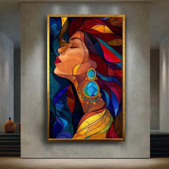 Stained Glass Woman Canvas Wall Art With Colorful Mosaic Details And Bold Jewelry Elegant Modern Portrait Print For Artistic Decor