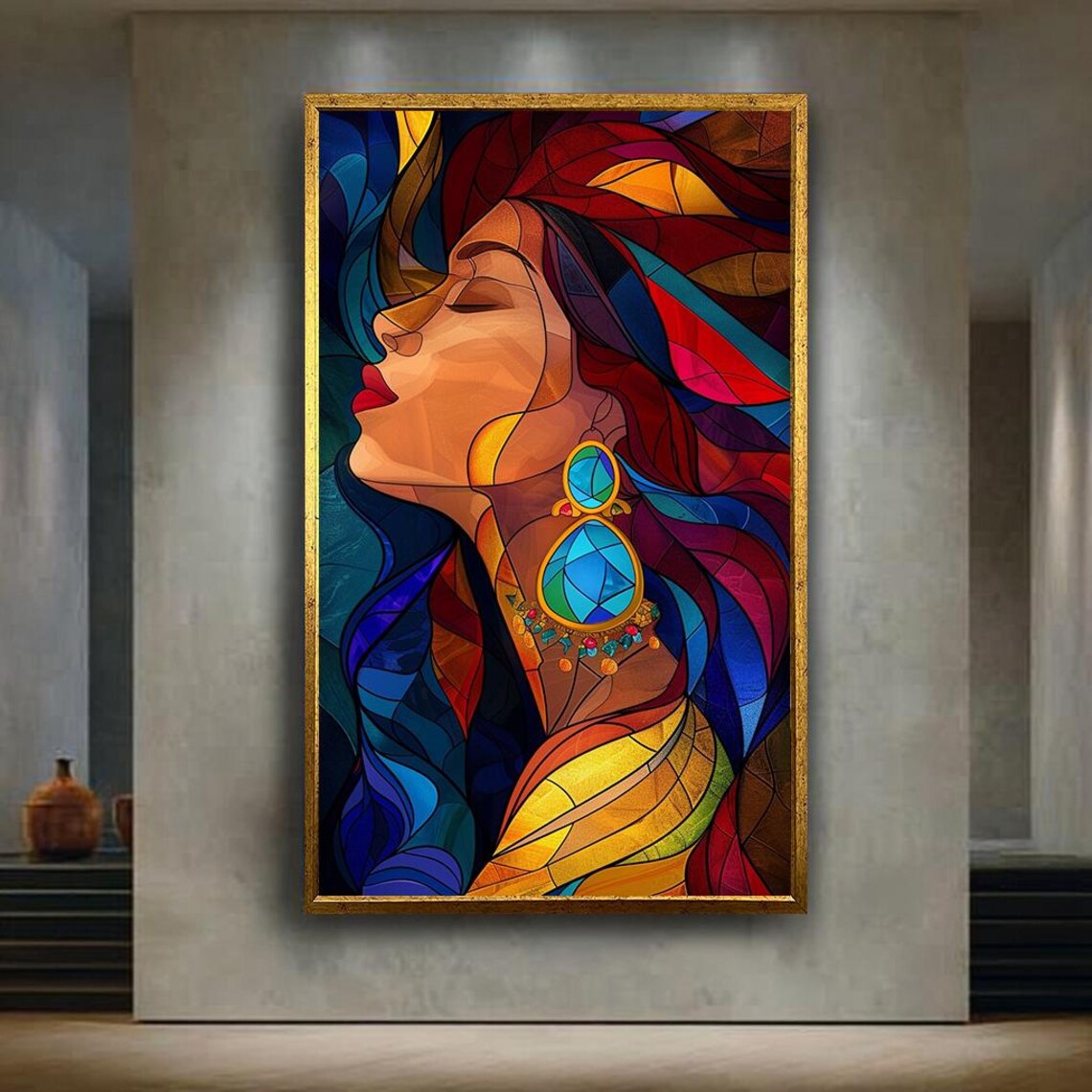 Woman in Colorful Stained Glass Mosaic Style Portrait Art Poster
