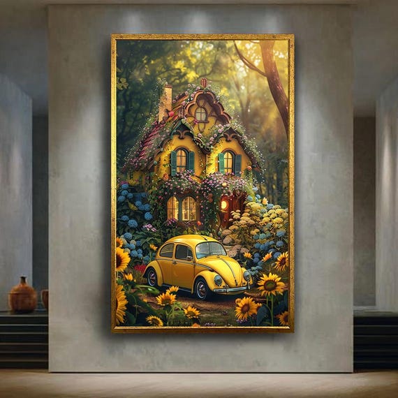 Whimsical Cottage Canvas Wall Art Enchanted Yellow House With Flowers And Vintage Car Fairy Tale Home Print For Cozy Decor