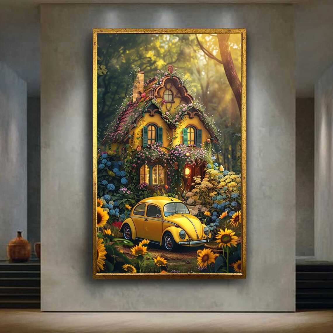 Yellow Forest Cottage With Volkswagen Beetle Sunflower Art Print