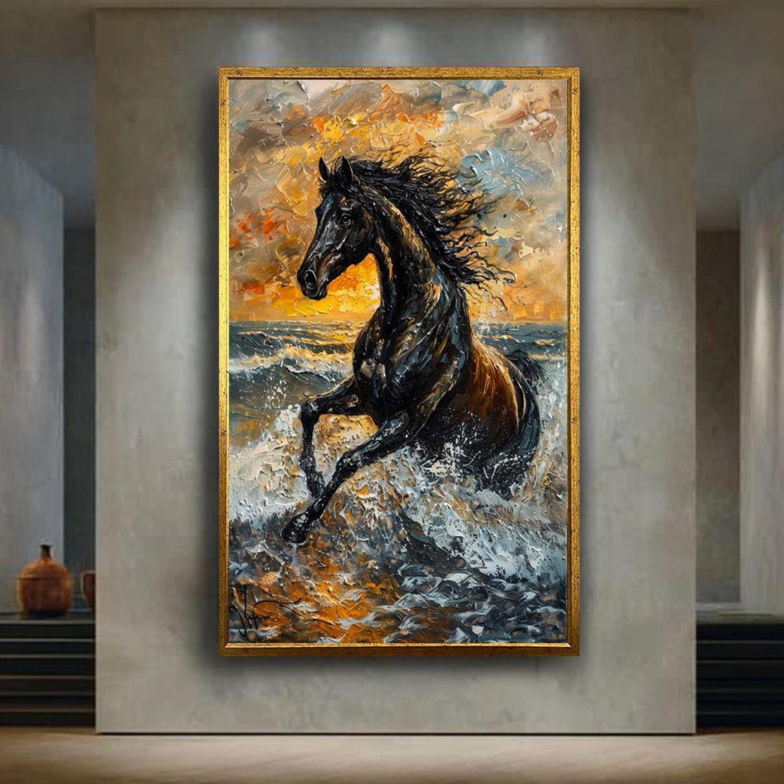 Black Horse Galloping Through Ocean Waves Golden Sunset Wall Art