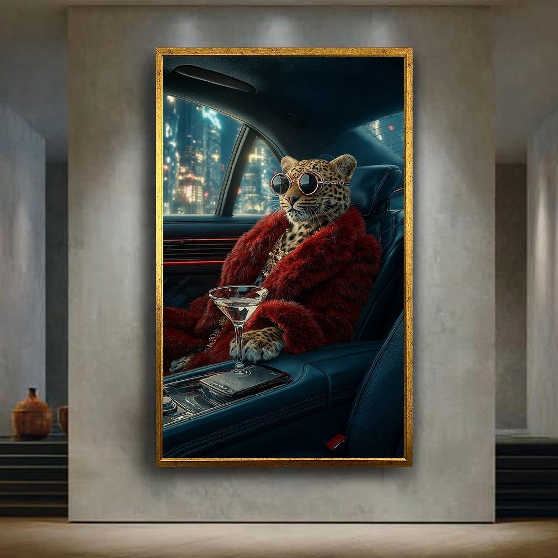 Glamorous Leopard in Fur Coat Sunglasses Night Car Ride Poster