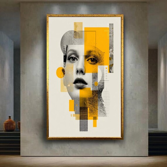 Abstract Woman Portrait Geometric Face Yellow Grey Modern Minimalist Poster