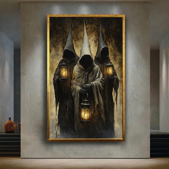Dark Cult Hooded Figures With Lanterns Wall Art Gothic Ritual Fantasy Horror Canvas Creepy Occult Print For Home Decor