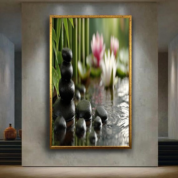 Zen Stones And Flowers Canvas Wall Art Peaceful Bamboo Pond Print For Spa Meditation Room Or Tranquil Nature Home Decor