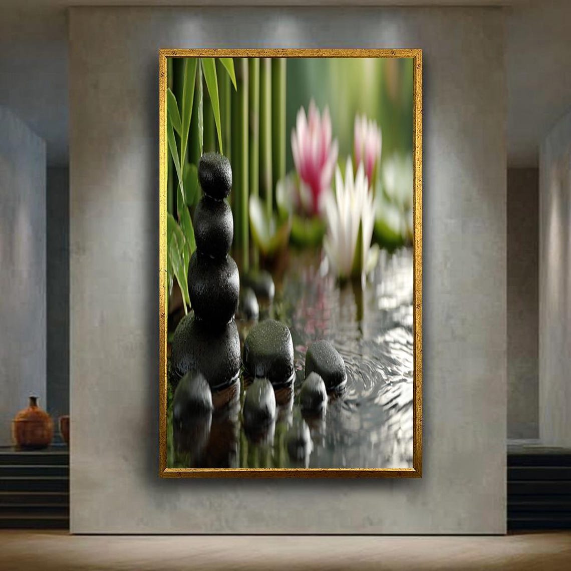 Zen Stones Lotus Pond Bamboo Black Balance Stones Tranquil Poster