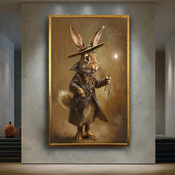 Magical Bunny Canvas Wall Art Whimsical Wizard Rabbit With Wand Fantasy Animal Print For Nursery Or Storybook Style Room Decor