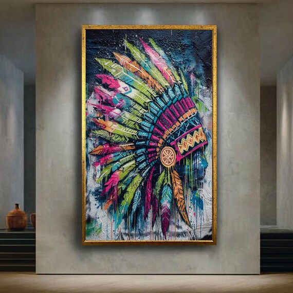 Colorful Tribal Feather Headdress Graffiti Style Portrait Poster