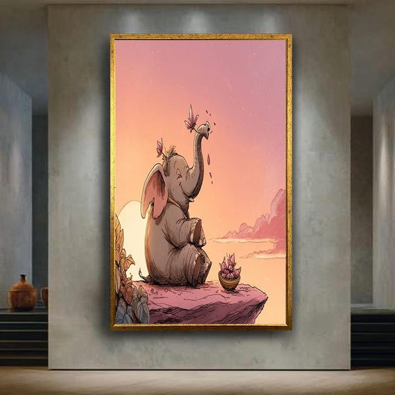 Cute Baby Elephant Wall Art Print Pink Sunset Poster Nursery Animal Artwork Whimsical Kids Room Decor Peaceful Jungle