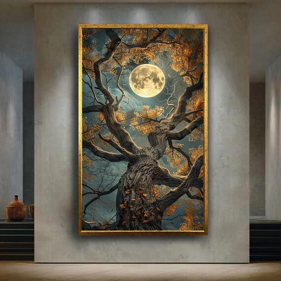 Mystical Moonlit Twisted Tree With Glowing Full Moon Night Print
