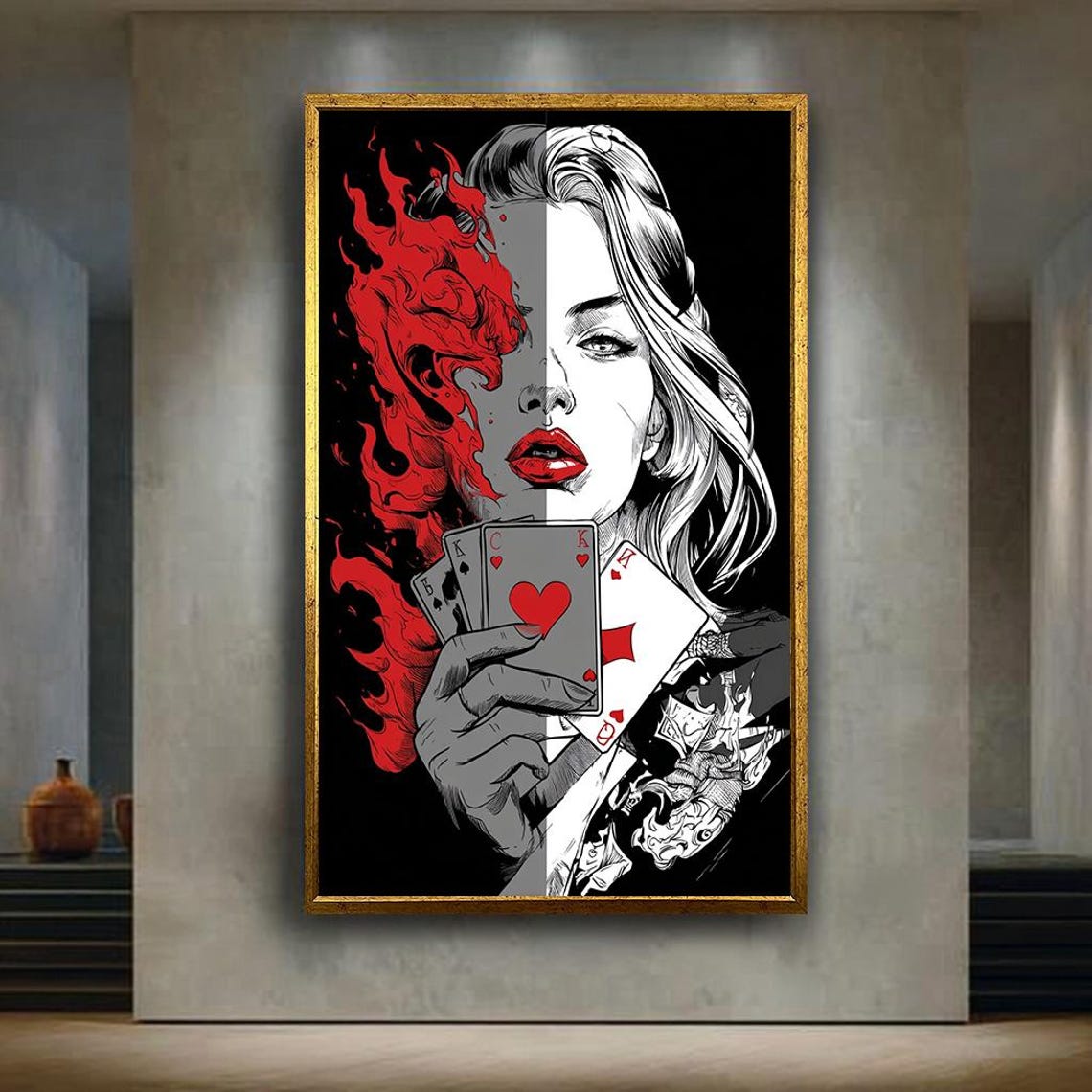 Femme Fatale With Playing Cards Red Flame Comic Pop Art Poker Poster