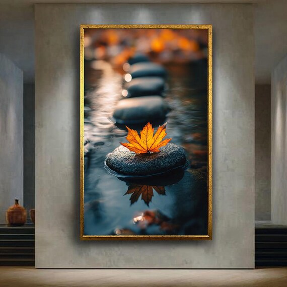 Romantic Autumn Leaf Canvas Wall Art With Stone Path And Water Reflection Moody Fall Nature Print For Cozy Zen Home Decor