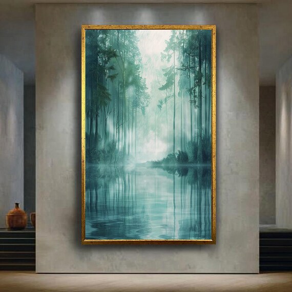 Misty Green Forest Canvas Wall Art Print With Calm Water Reflection Minimalist Nature Artwork For Tranquil Zen Inspired Home Decor