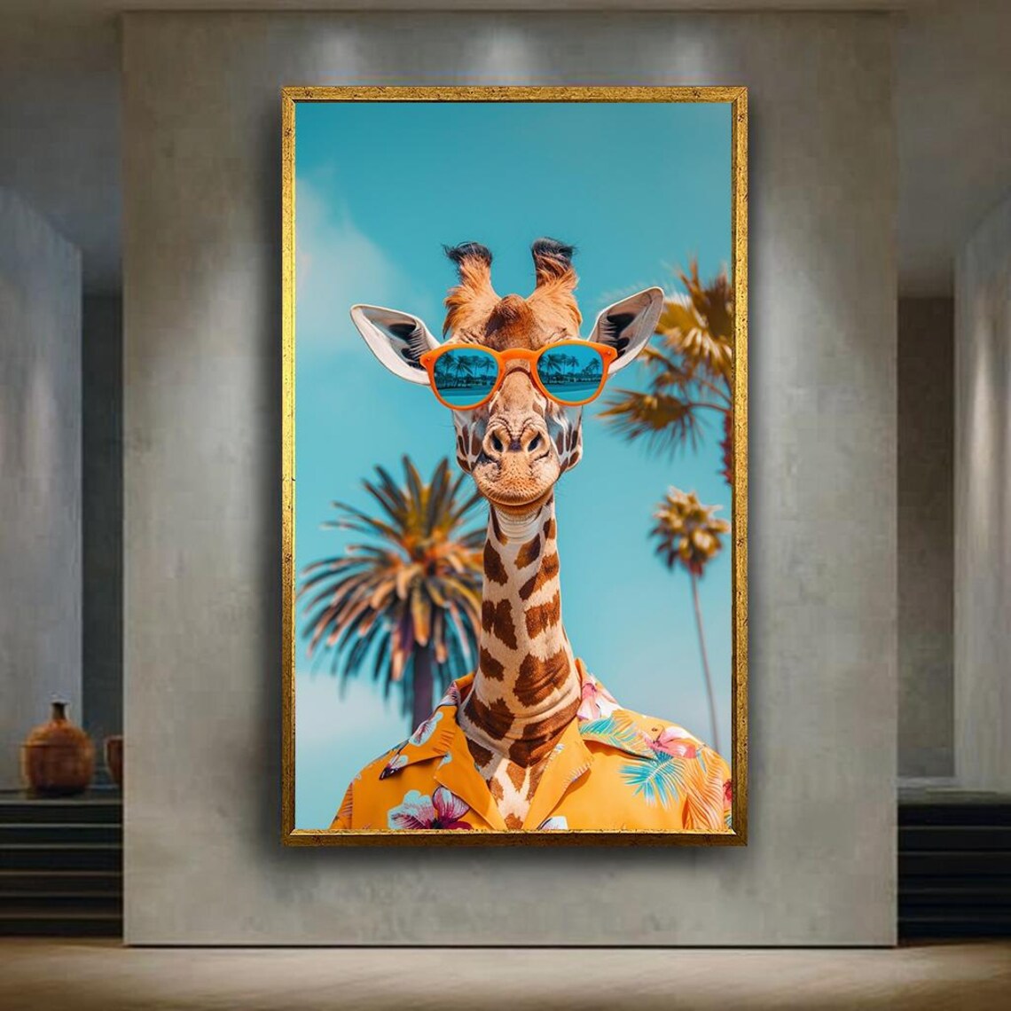 Cool Giraffe Sunglasses Hawaiian Shirt Palm Trees Summer Wall Art
