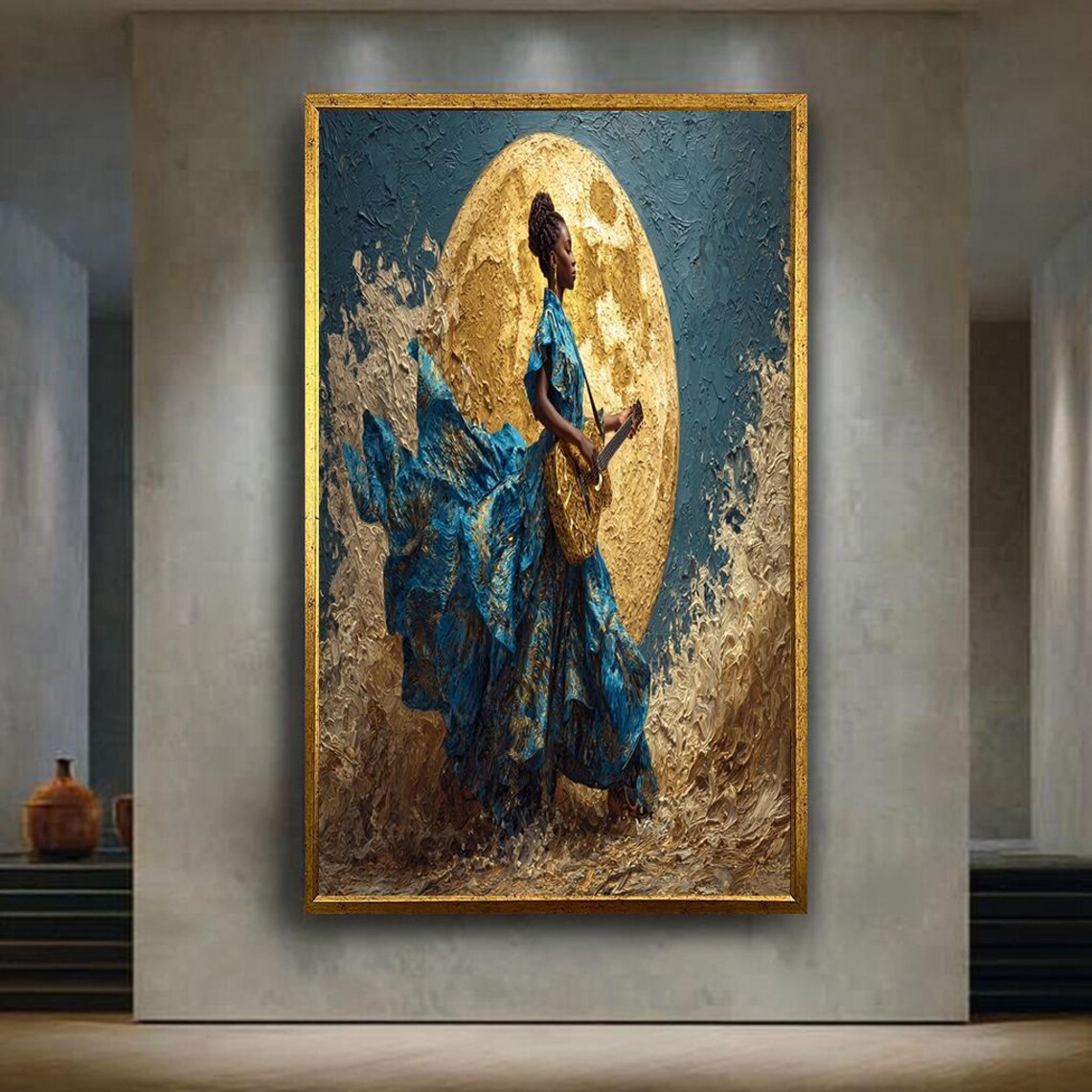 African Musician Blue Dress Guitar Golden Moon Impasto Wall Art