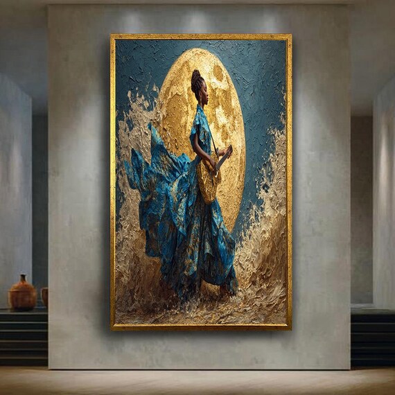 African Woman Canvas Wall Art With Blue Gold Dress Guitar And Full Moon Musical Fantasy Portrait Elegant Home Decoration