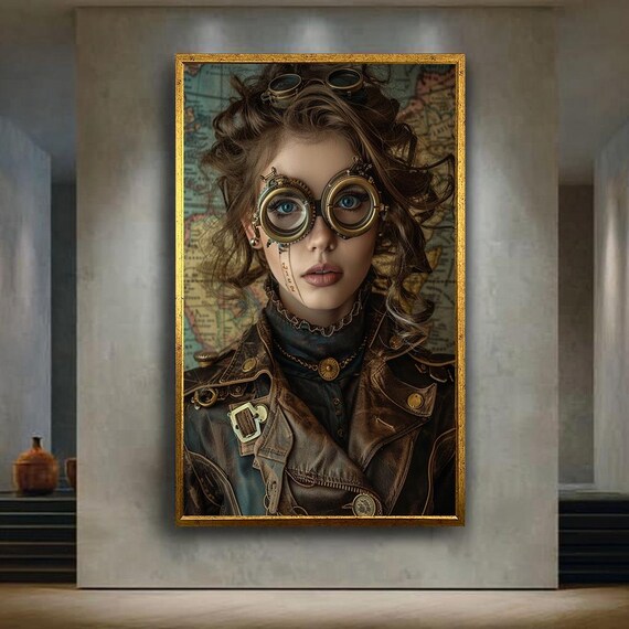 Steampunk Explorer Portrait Woman In Brass Goggles Leather Jacket Poster