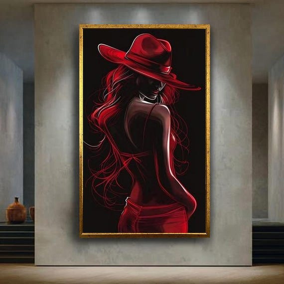 Red Hat Woman Canvas Wall Art Print Seductive Dark Feminine Silhouette Artwork Bold Modern Fashion Decor For Bedroom Or Stylish Interior