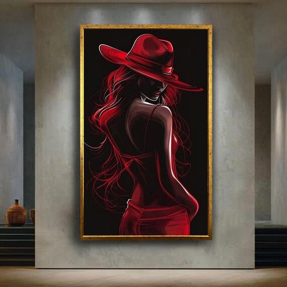 Red Hat Woman Dark Noir Silhouette Seductive Red Dress Poster