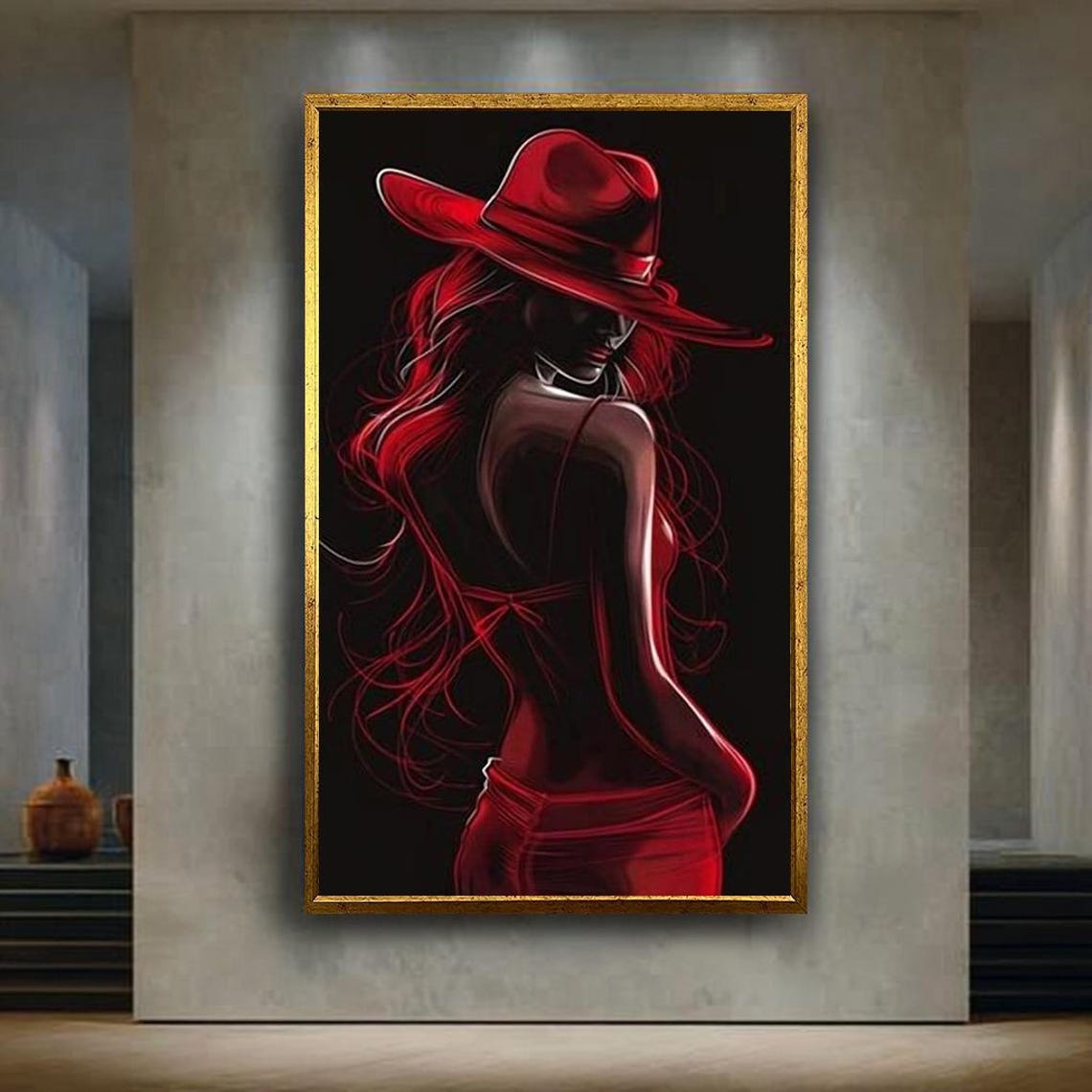 Red Hat Woman Dark Noir Silhouette Seductive Red Dress Poster