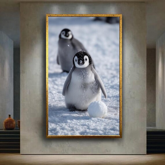 Cute Baby Penguin Chick in Snow with Snowball Winter Nursery Art Poster