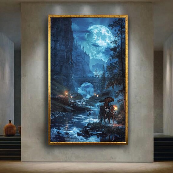 Moonlit Horse Carriage Canvas Wall Art Magical Night River Scene With Full Moon Stone Bridge And Lantern Lights