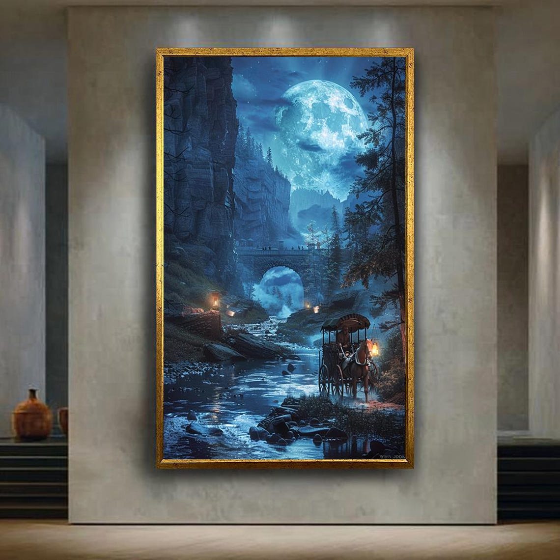 Moonlit Horse Carriage Canvas Wall Art Magical Night River Scene With Full Moon Stone Bridge And Lantern Lights
