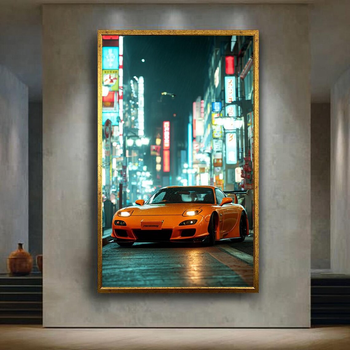 Orange Mazda RX-7 JDM Sports Car on a Neon Lit Tokyo Street Wall Art